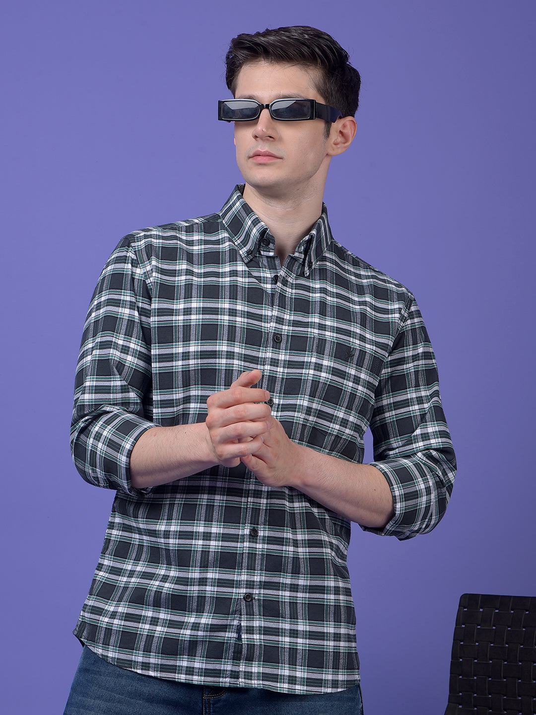 Green Checked Button-Down Collar 100% Cotton Shirt