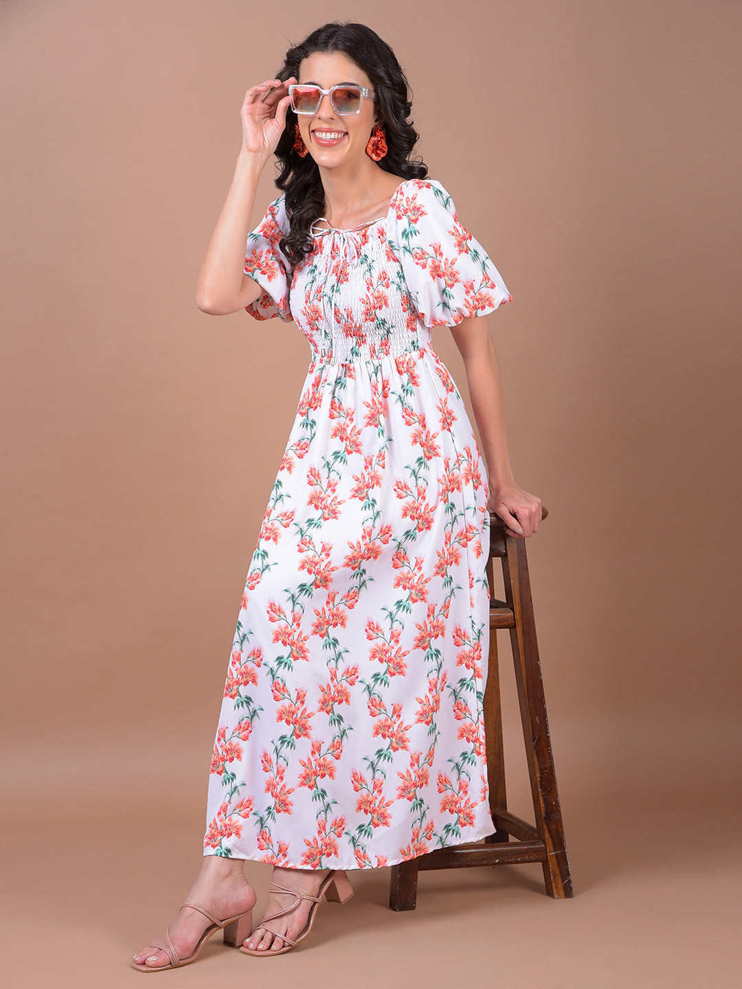 White Floral Print Square Neck A-Line Dress