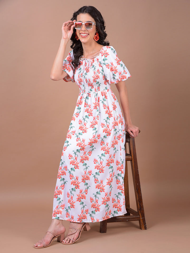 White Floral Print Square Neck A-Line Dress
