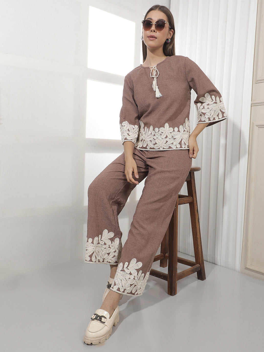 Brown Embroidered 100% Cotton Wide Leg Trousers