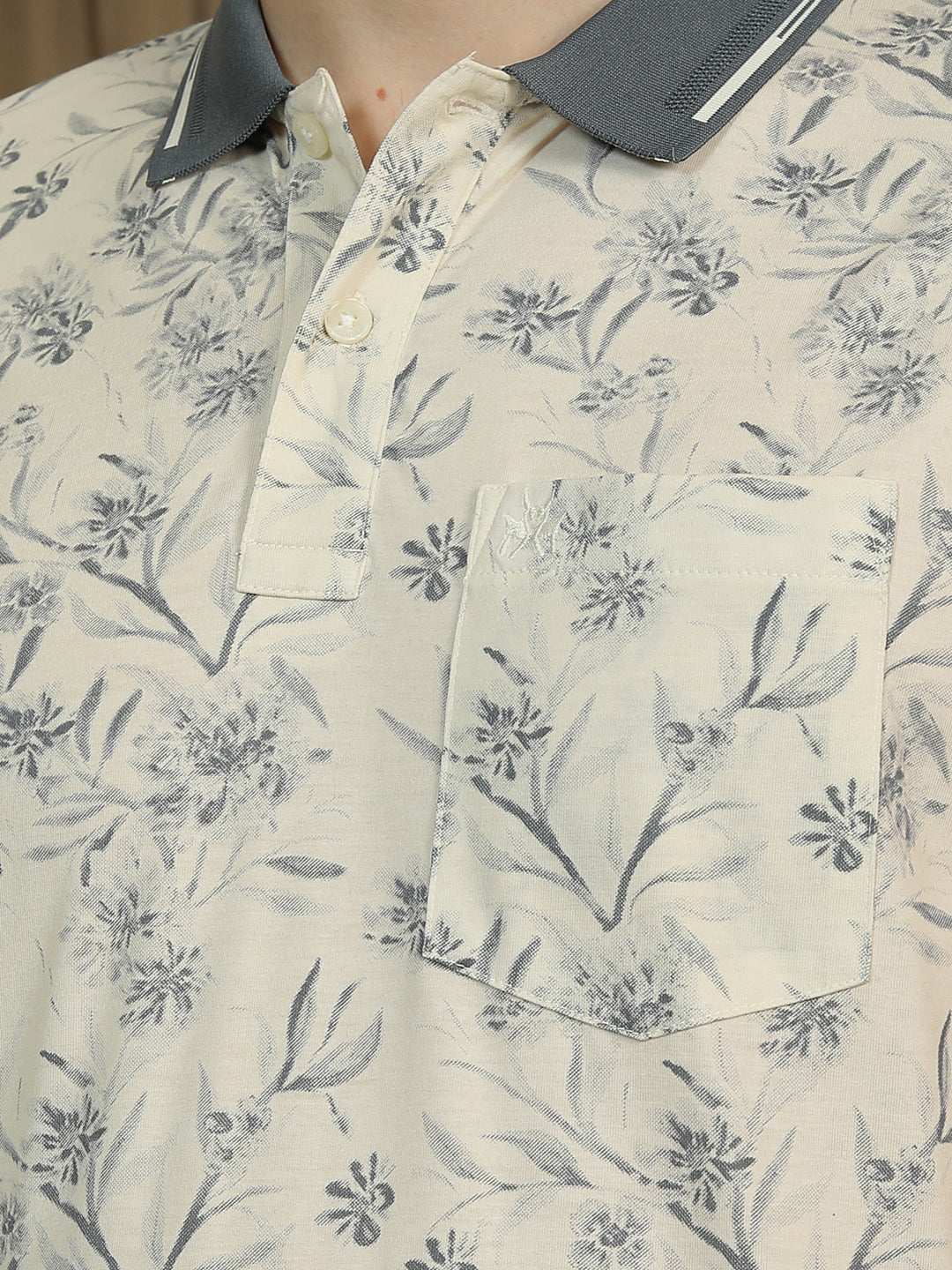 Grey Floral Print Polo Neck T-Shirt