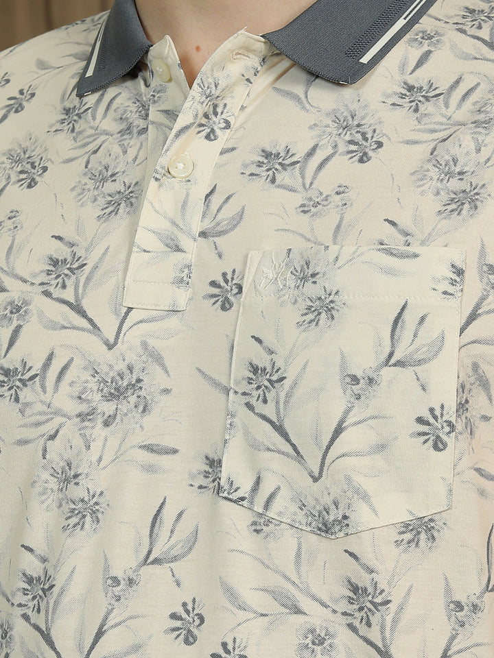 Grey Floral Print Polo Neck T-Shirt