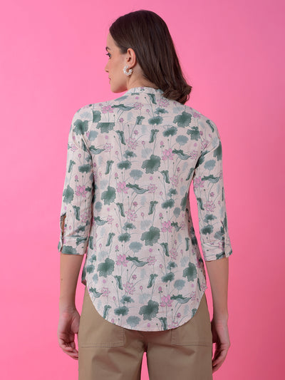 Green Printed V-Neck Linen Top