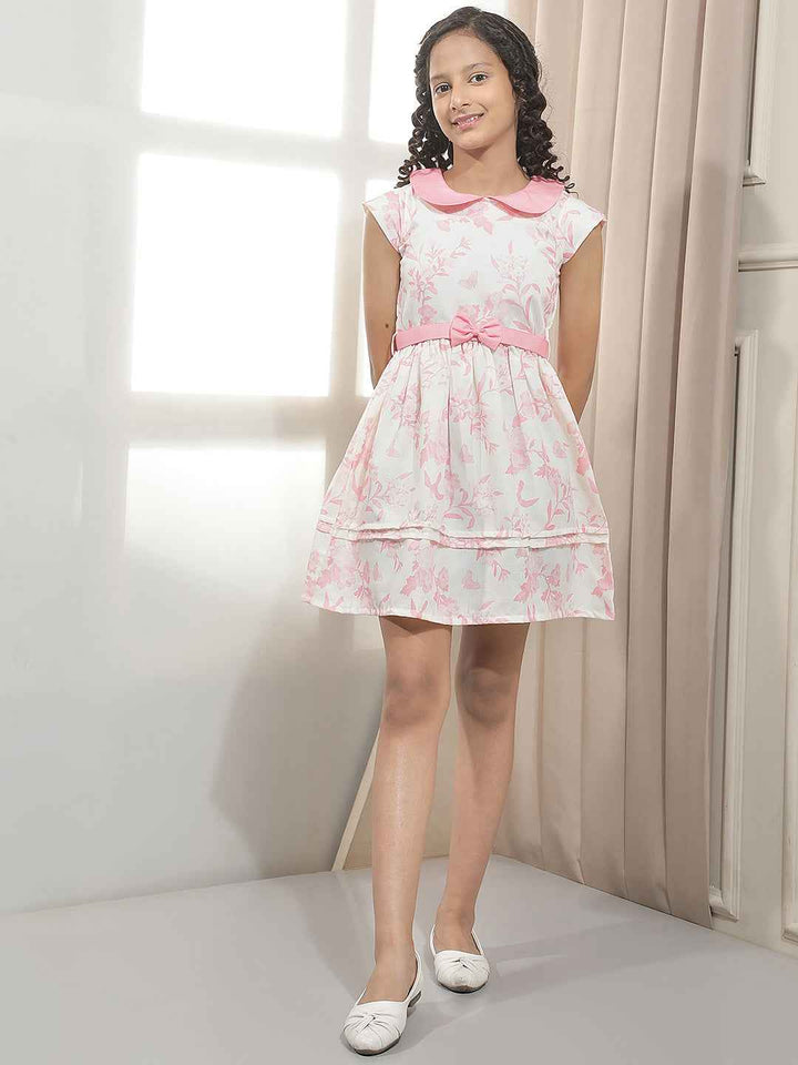 Pink Floral Printed Above knee Length Dress with Belt