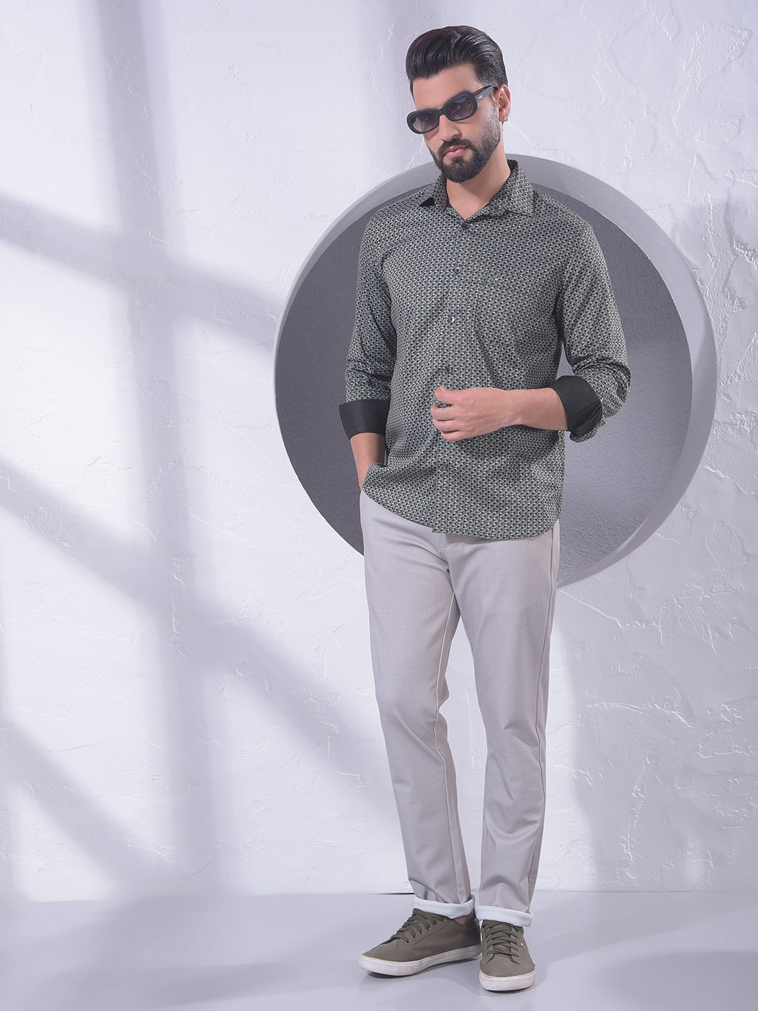 Beige Printed Knitted Trousers