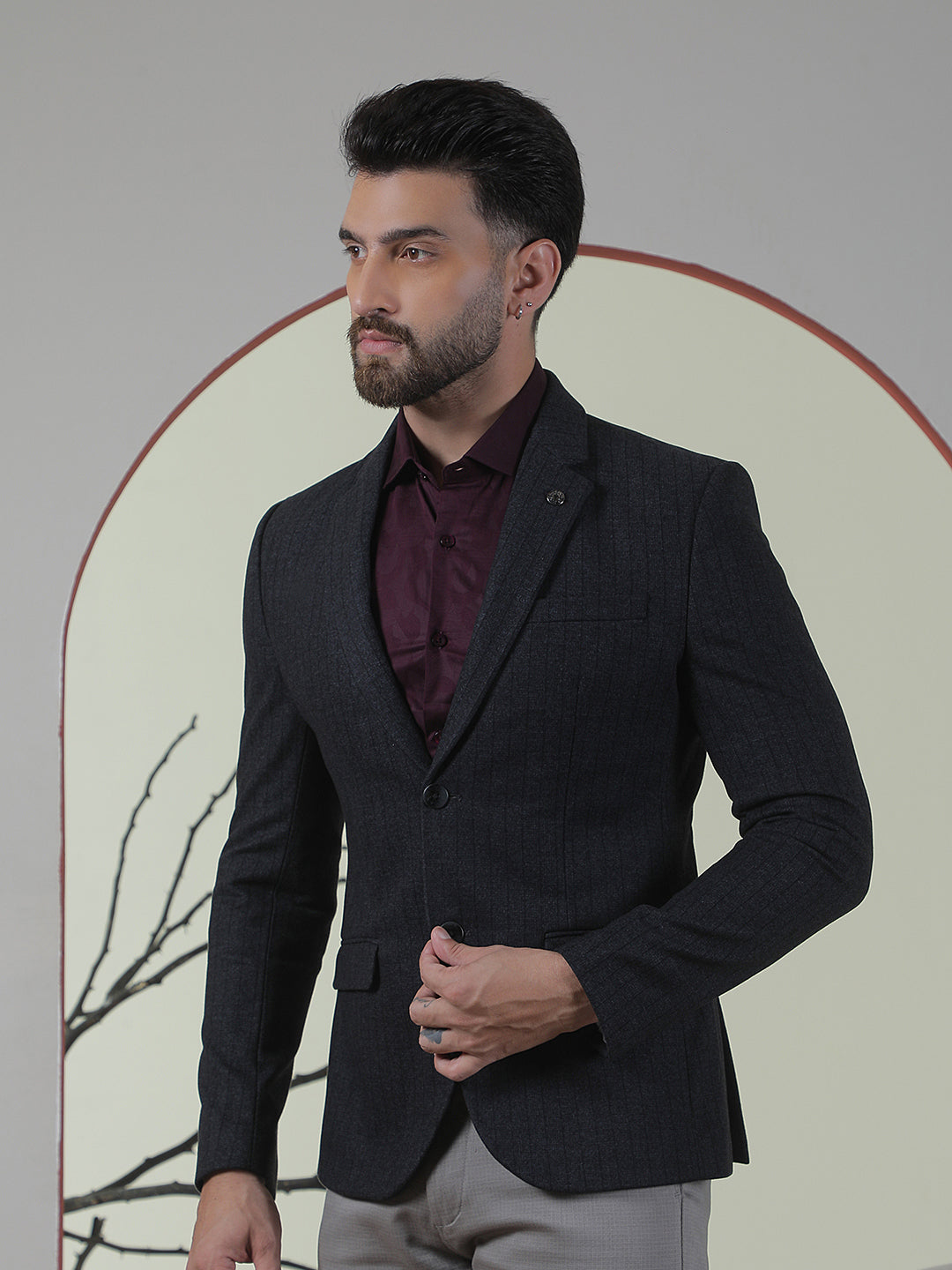 Grey Vertical Stripes Single Breasted Notch Lapel Blazer