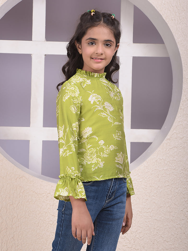Green Floral Print High Neck Top