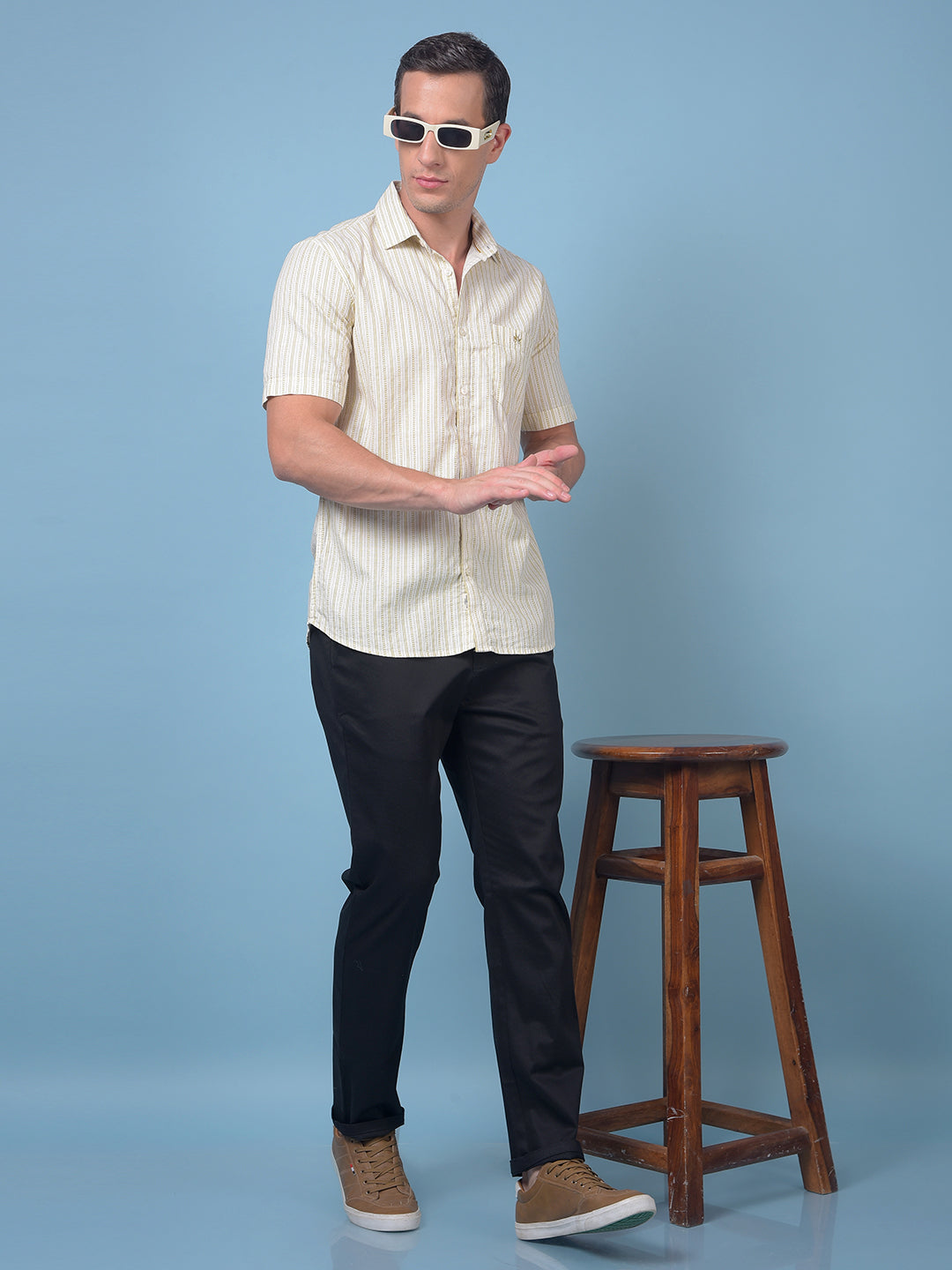 Olive Vertical Stripes 100% Cotton Shirt