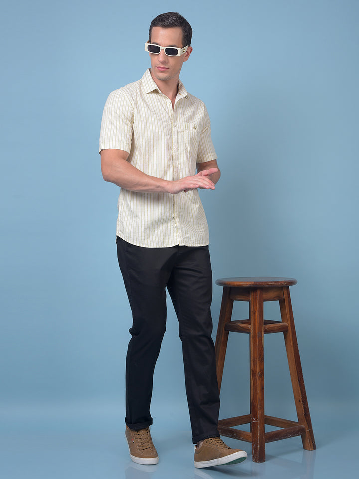 Olive Vertical Stripes 100% Cotton Shirt