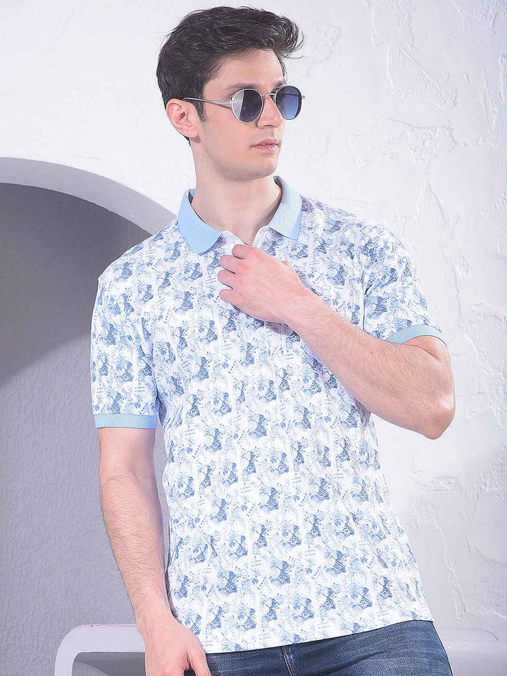 Blue 100% Cotton Geometric Print Polo T-Shirt