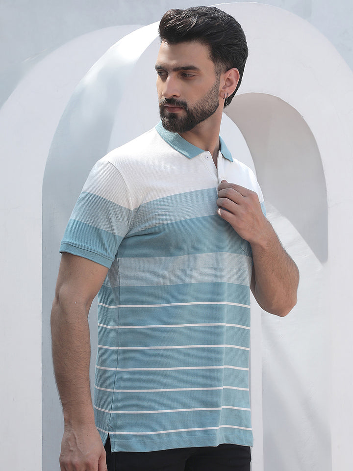 Green Horizontal Striped Polo Neck T-Shirt
