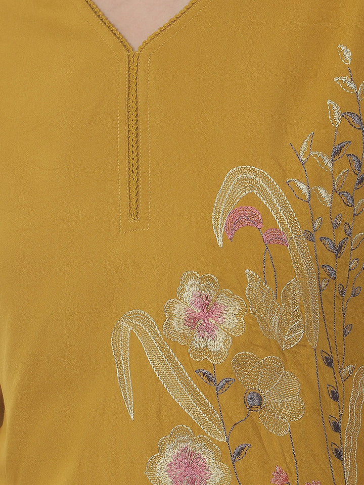 Mustard Embroidered V-Neck Top