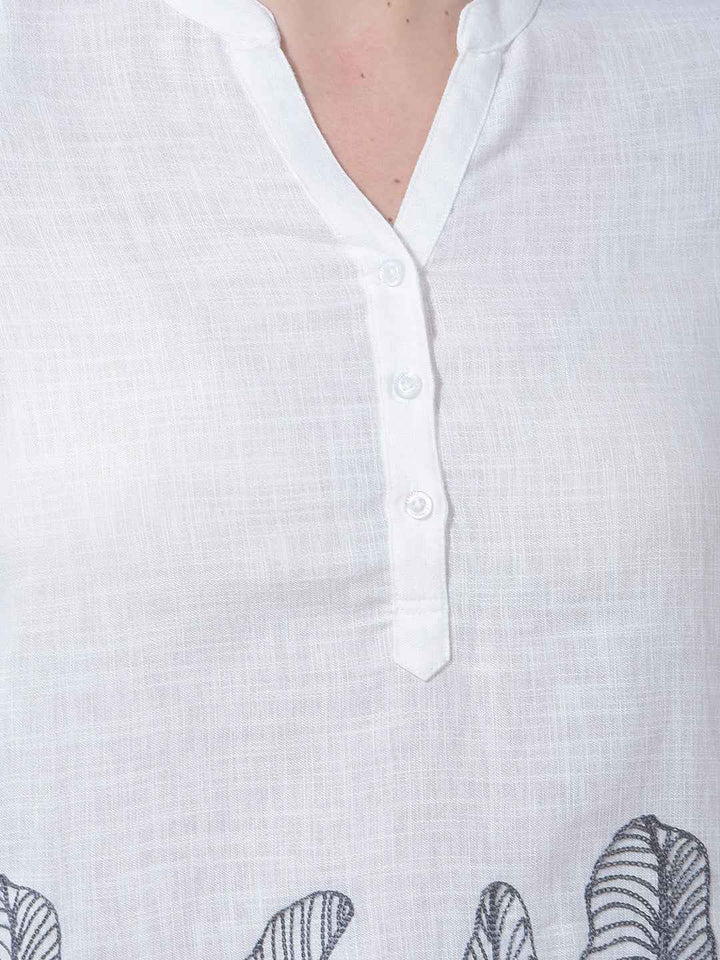 White Botanical Embroidered V-Neck Top