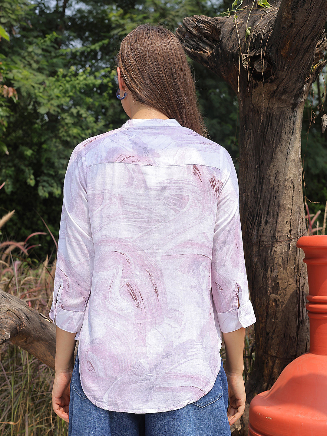 Purple Printed V-Neck Linen Shirt