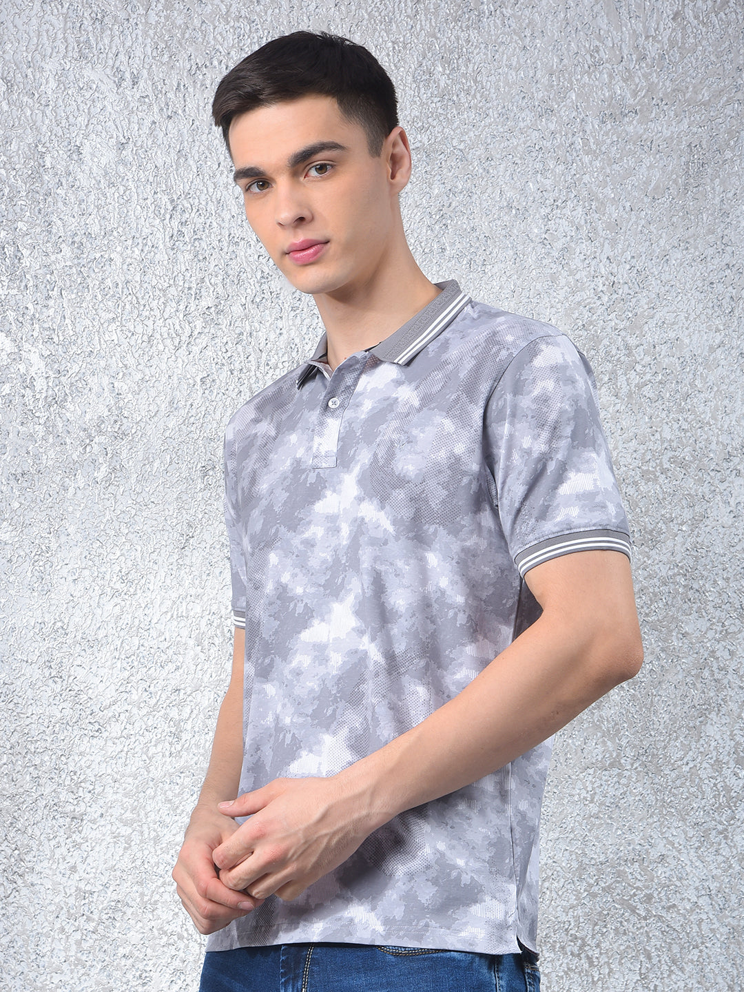 Grey Abstract Print Polo Neck T-Shirt