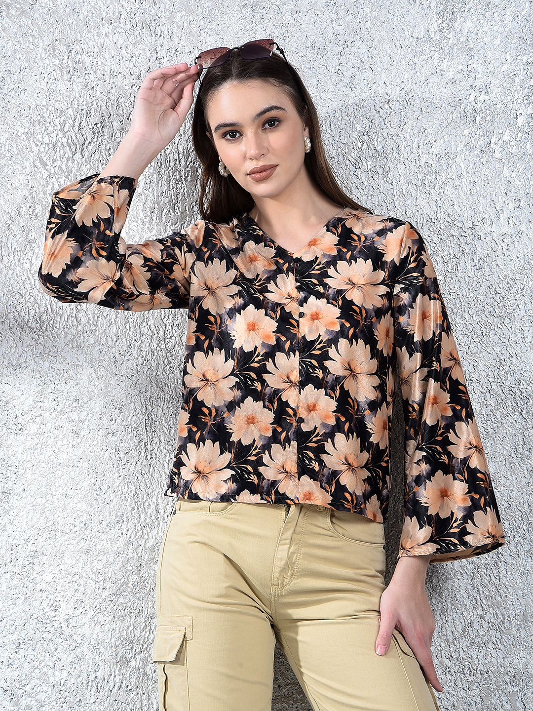 Peach Floral Print V-Neck Top