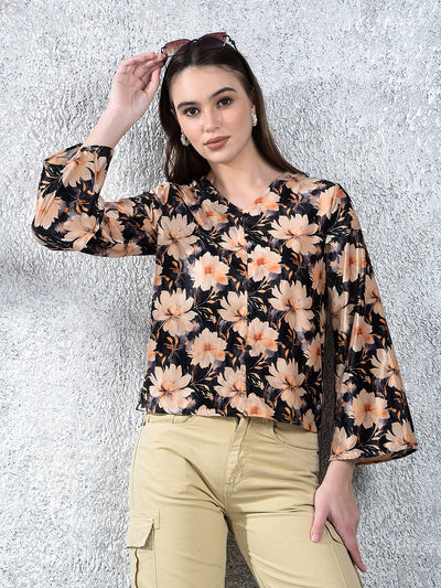 Peach Floral Print V-Neck Top
