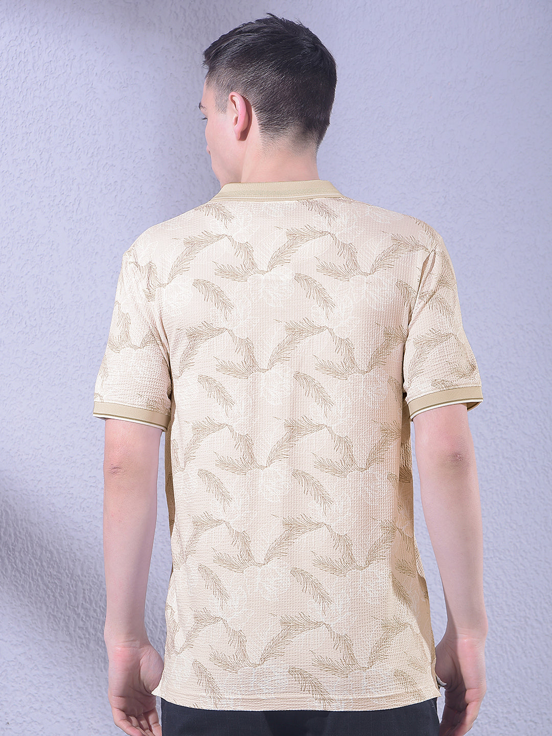 Beige Floral Print Polo Neck T-Shirt