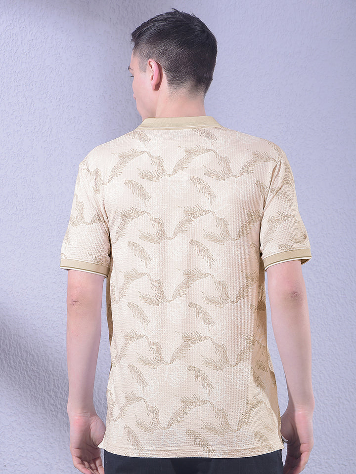 Beige Floral Print Polo Neck T-Shirt