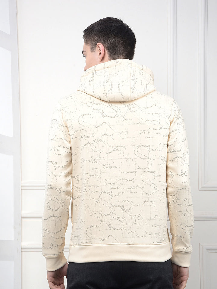 Cream Printed Hooded Neck Sweatshirt