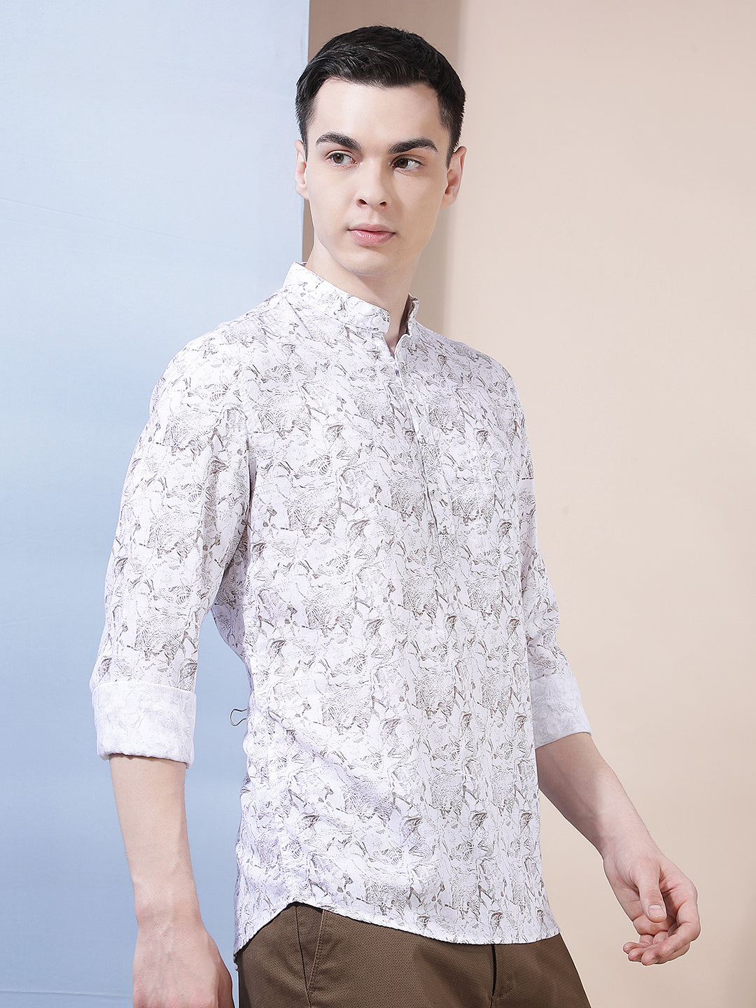 White Floral Print Linen Kurta