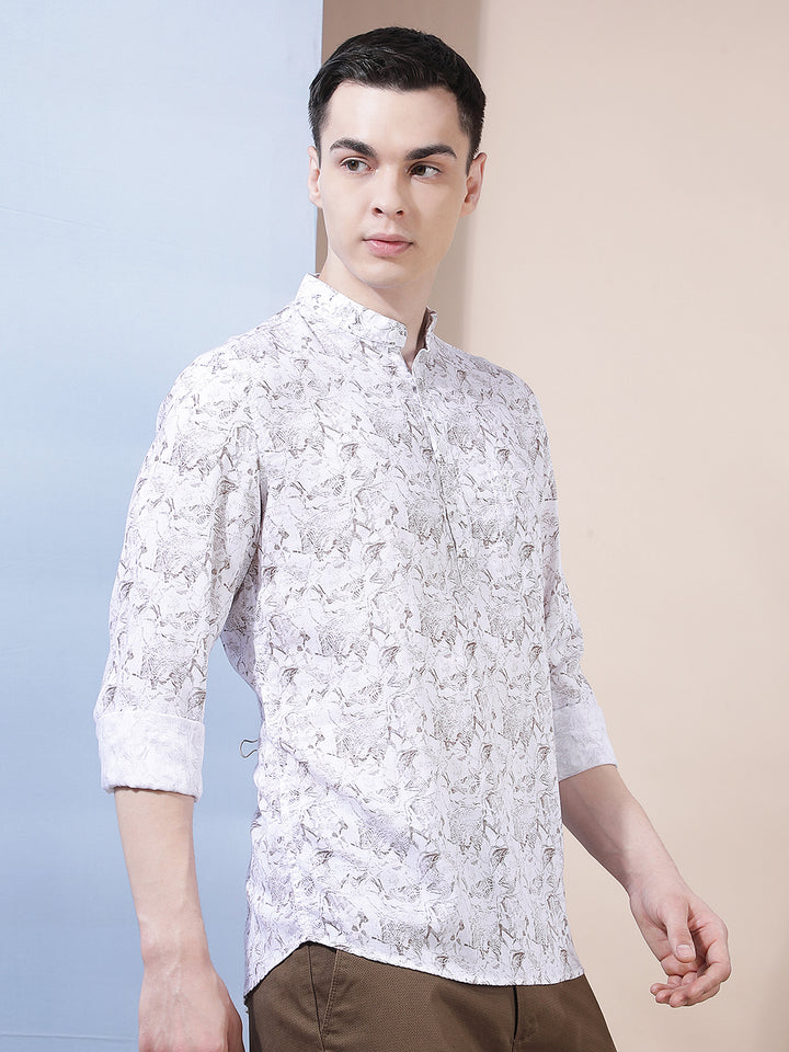 White Floral Print Linen Kurta