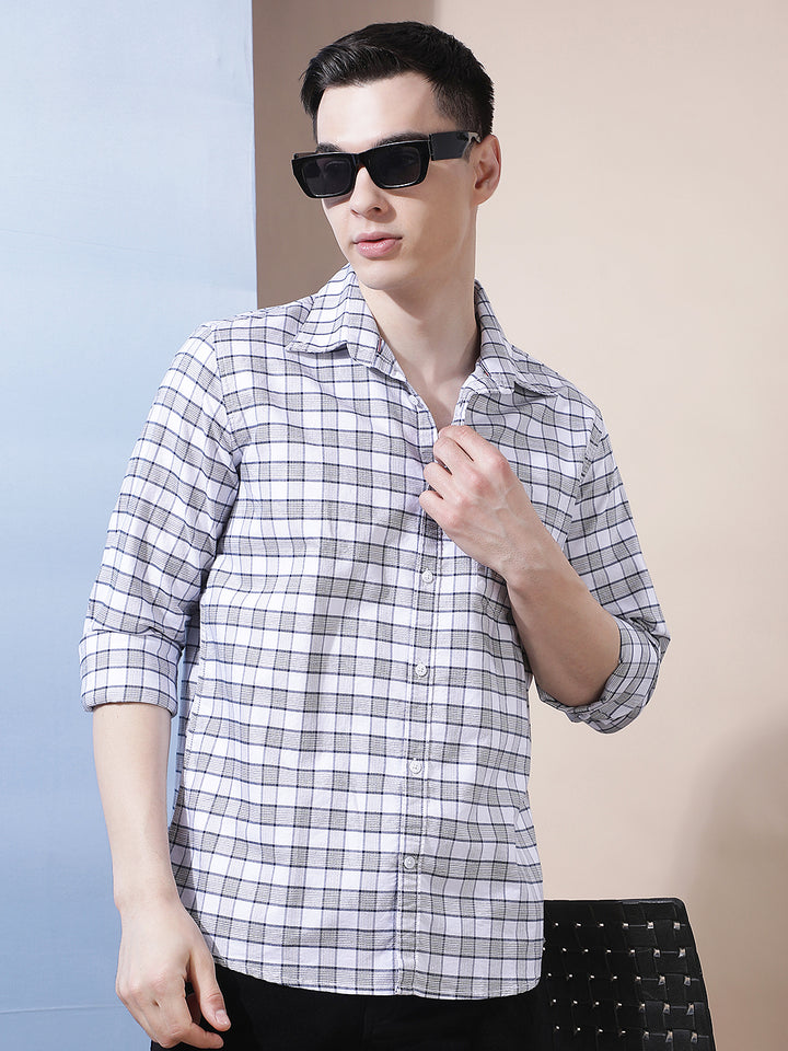 White Checked Button-Down Collar 100% Cotton Shirt