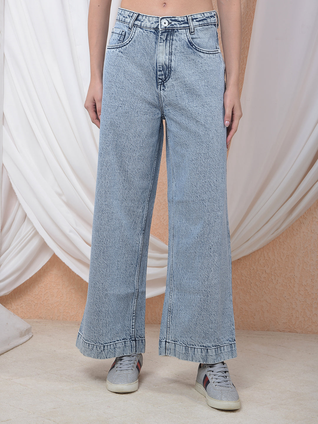 Textured 100% Cotton Wide Leg Blue Baggy Jeans