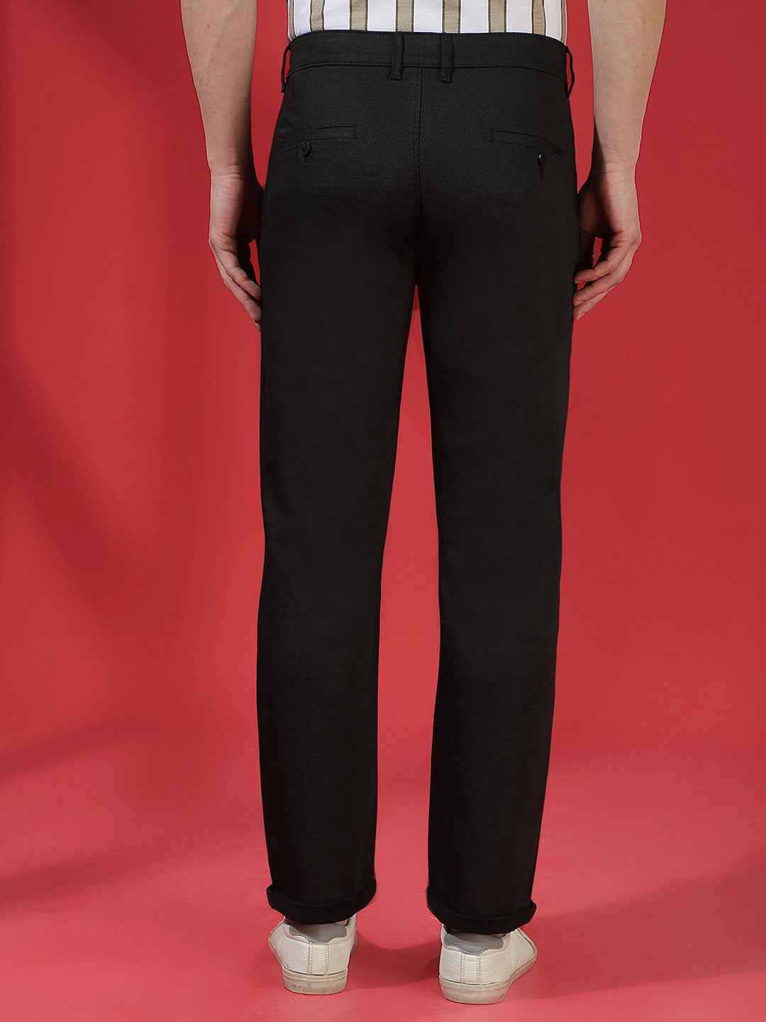 Jet Black 100% Cotton Geometric Print Straight Trousers
