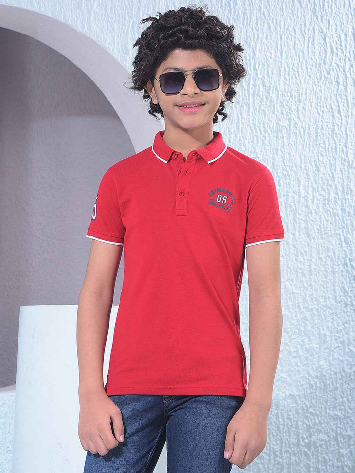 Red Typographic Print Polo Neck T-Shirt