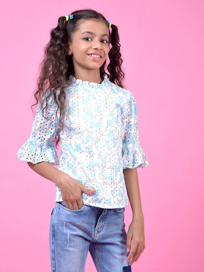 Blue Floral Print 100% Cotton Semi-Sheer Top