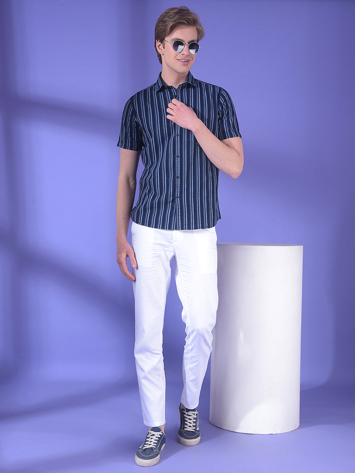 Navy Blue Vertical Stripes 100% Cotton Shirt