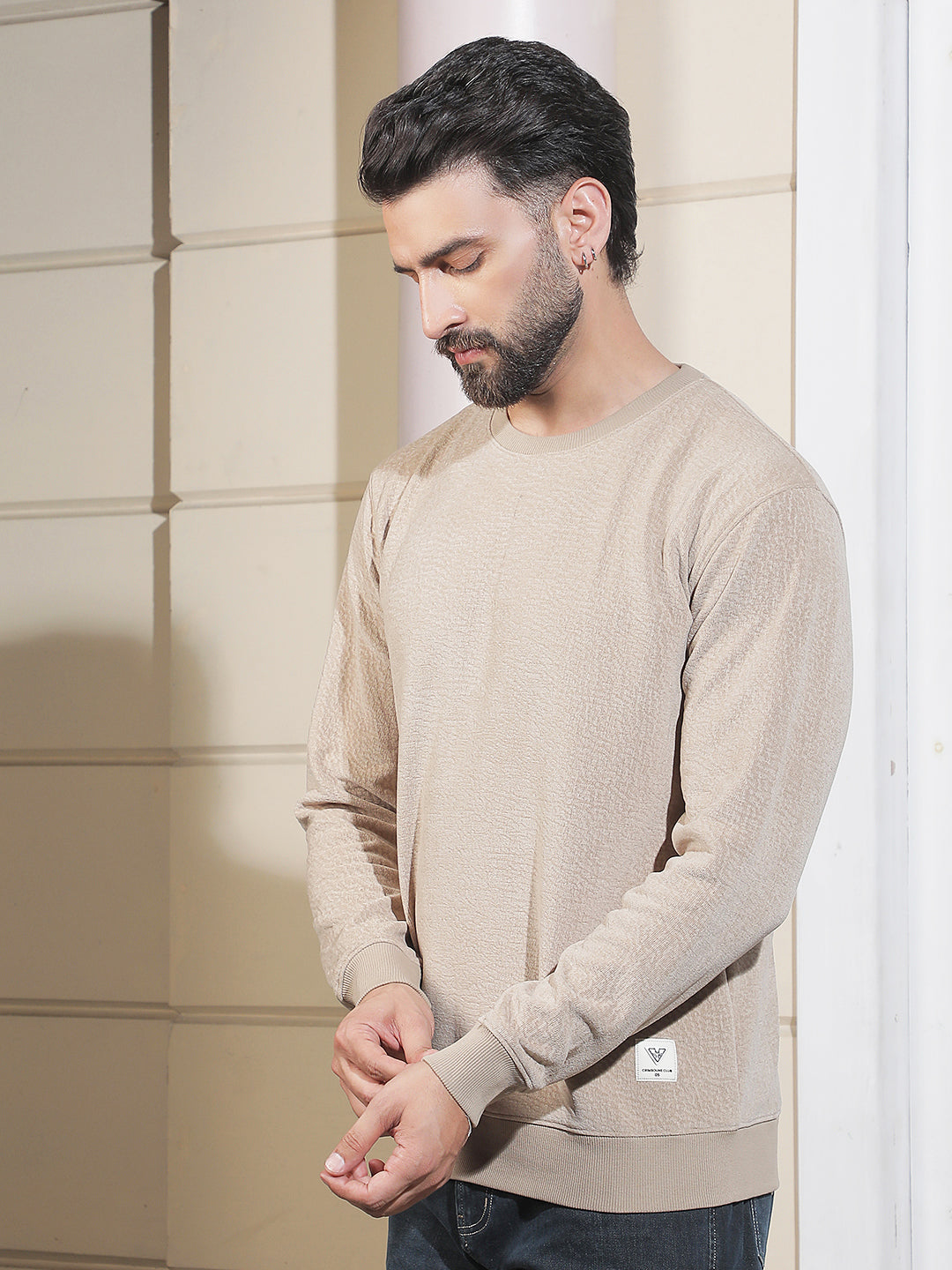 Sleek Cream Beige Jacquard Sweatshirt