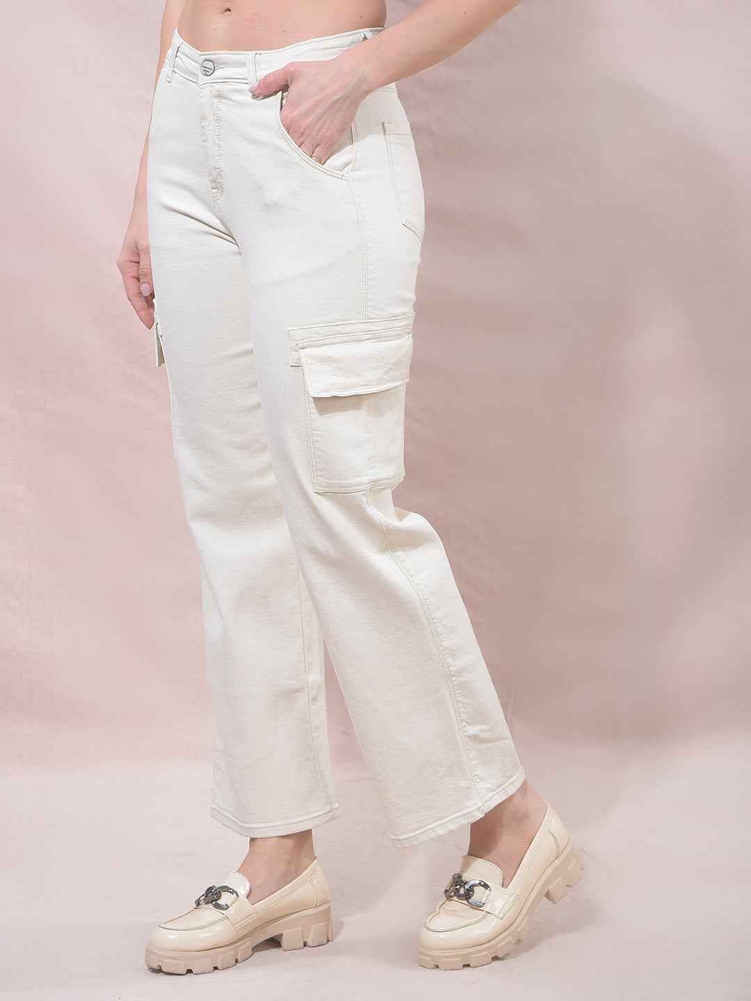 Beige Wide Leg Cargo Jeans