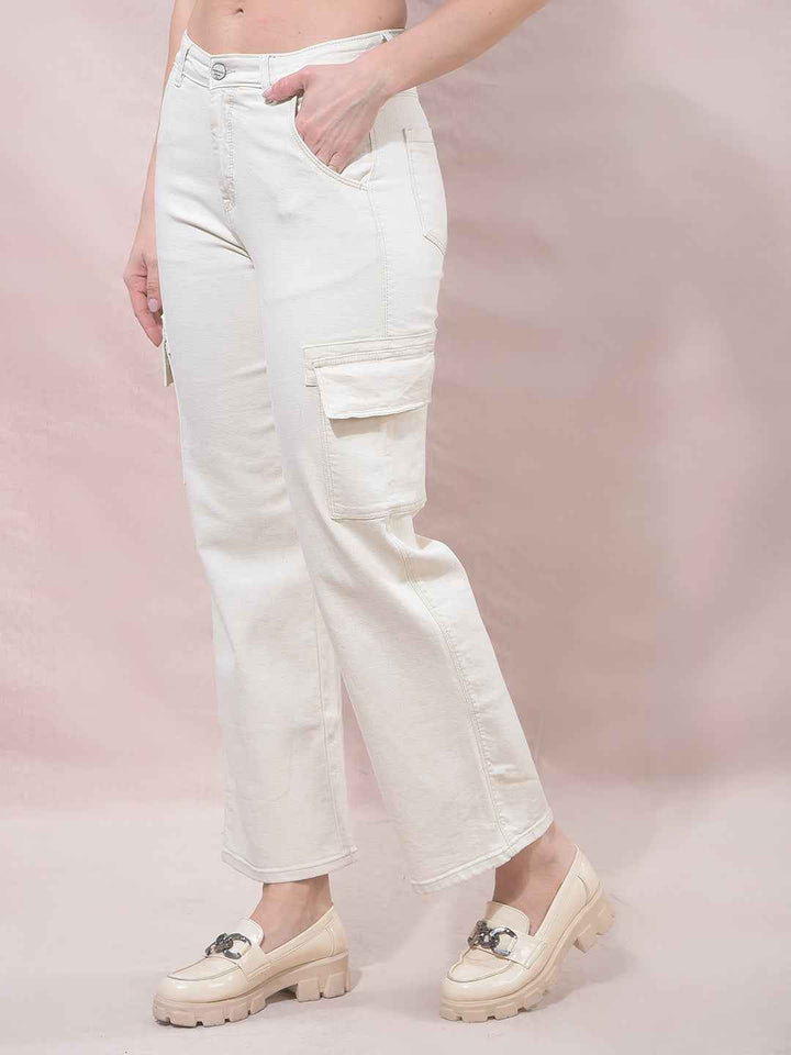 Beige Wide Leg Cargo Jeans
