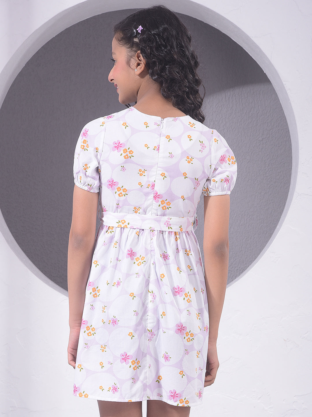 Orange Floral Print 100% Cotton With Belt Mini Dress