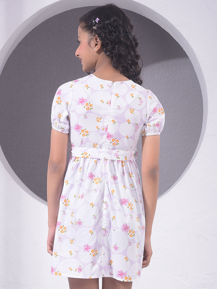 Orange Floral Print 100% Cotton With Belt Mini Dress
