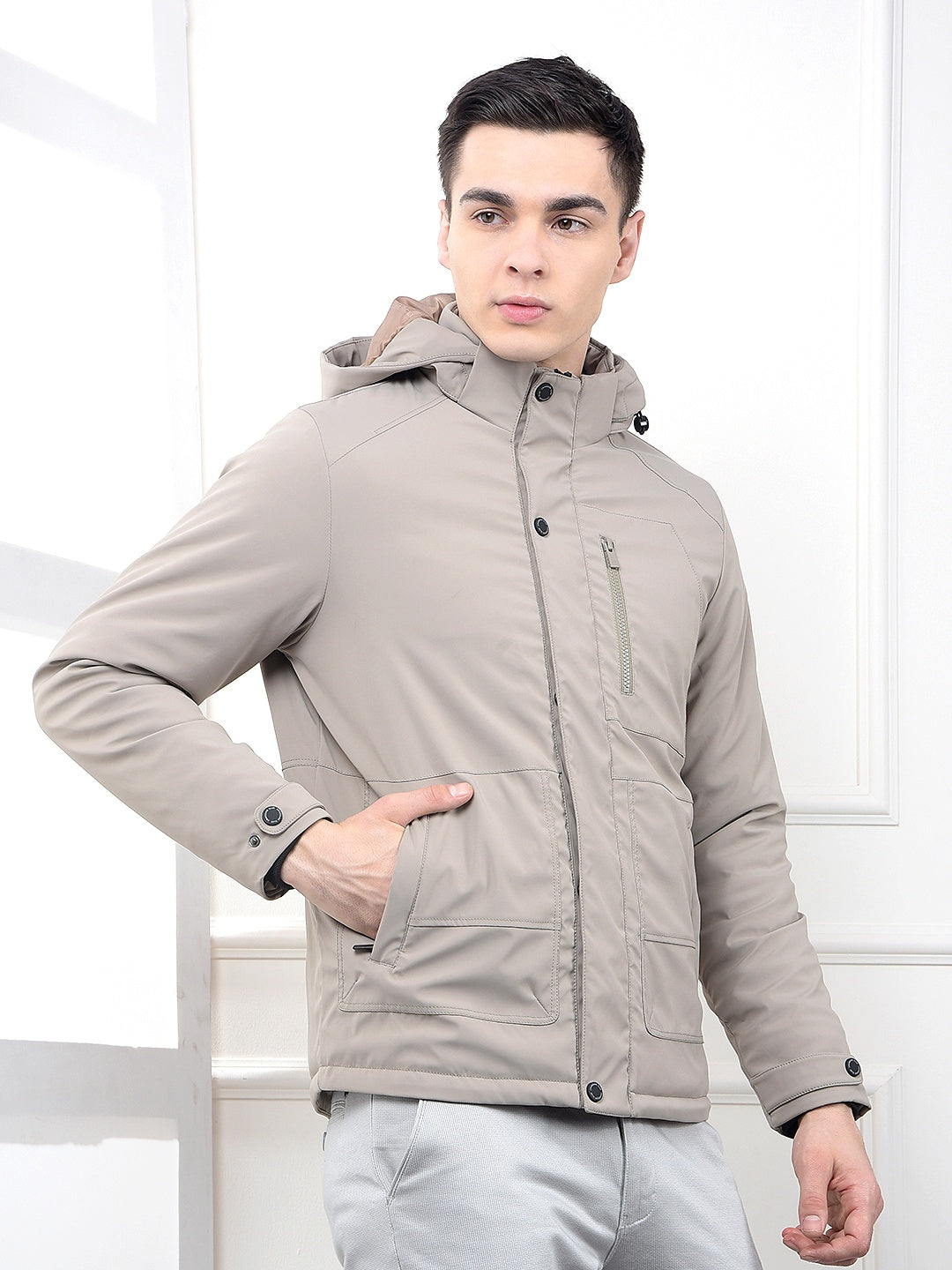 Beige Hooded Neck Puffer Jacket