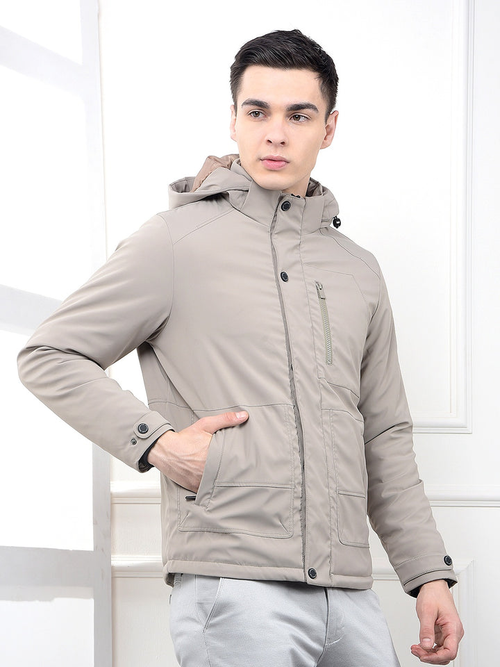 Beige Hooded Neck Puffer Jacket