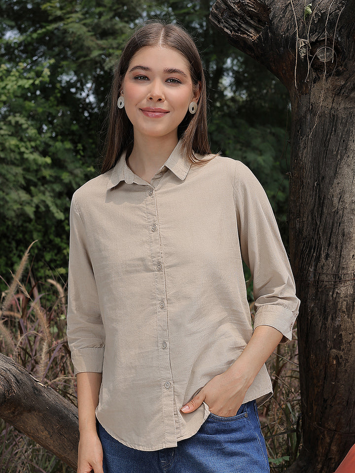 Sleek Warm Sand Beige Corduroy Shirt