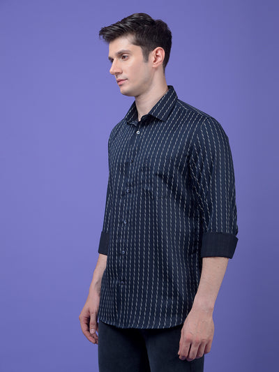 Navy Blue Vertical Stripes Shirt