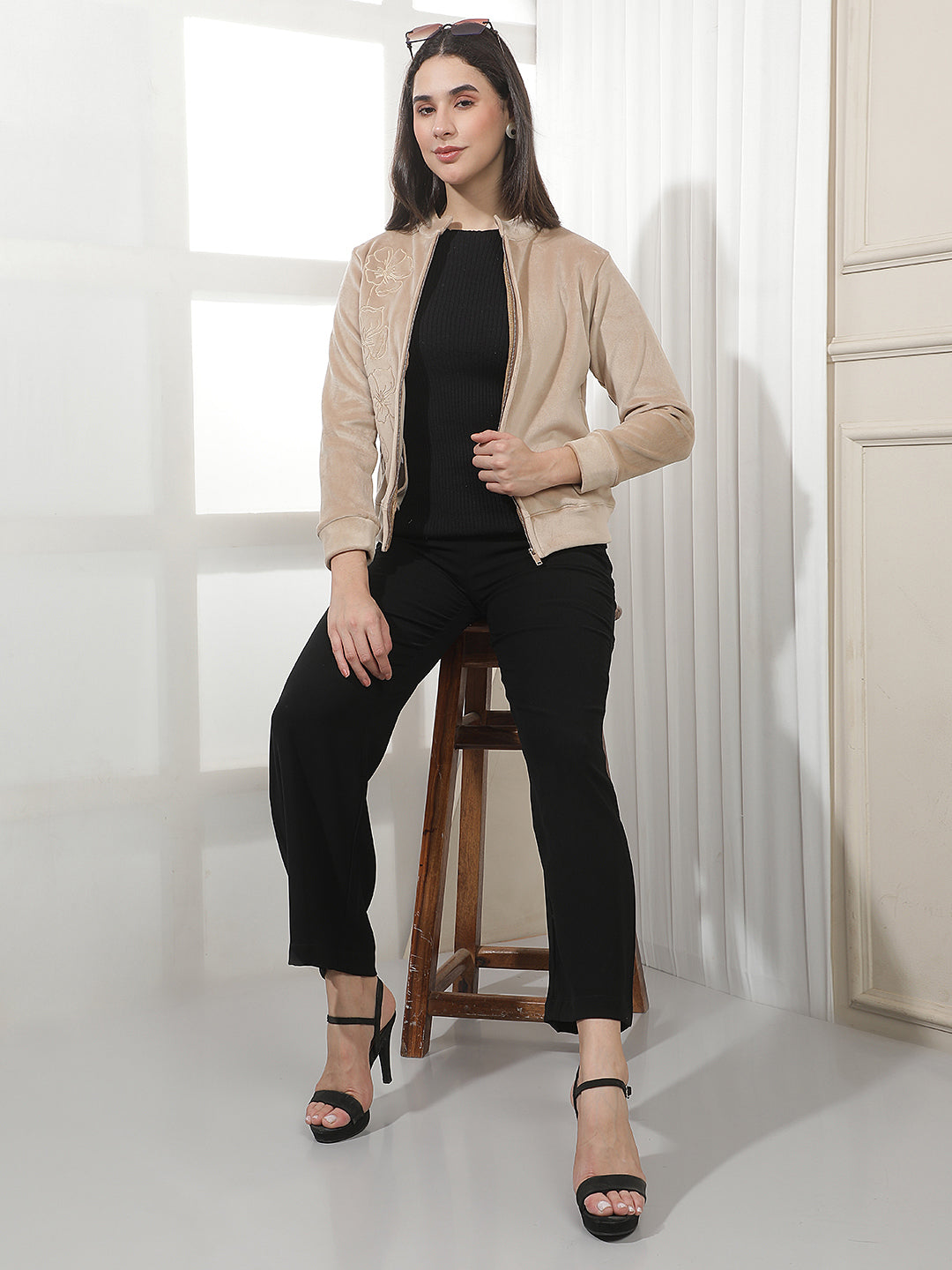 Beige Jacquard High Neck Sweatshirt