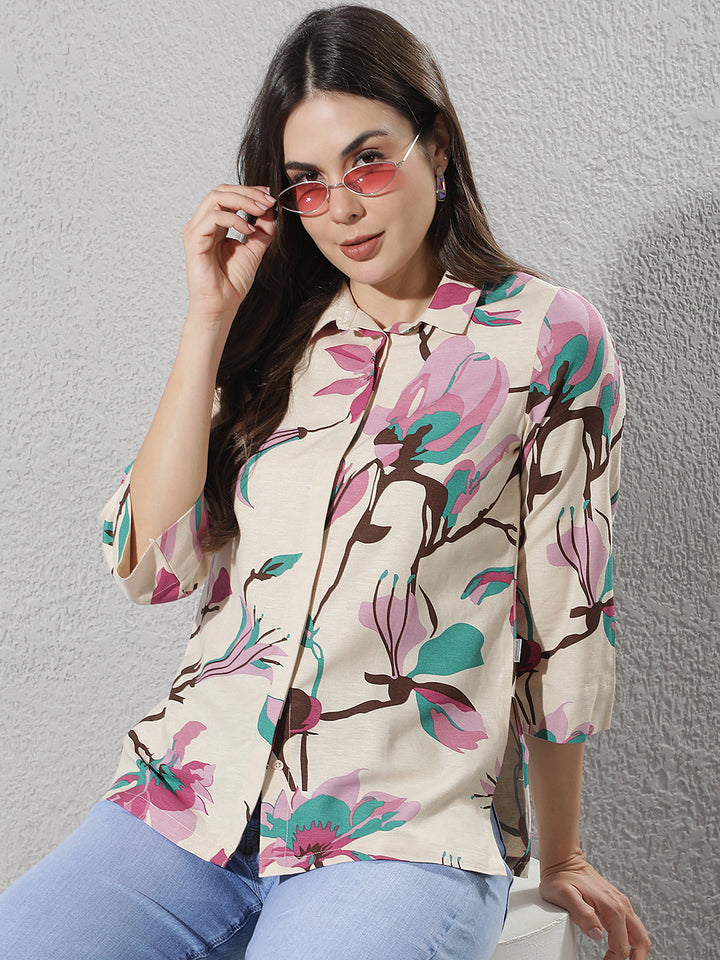 Pink Floral Print Linen Shirt