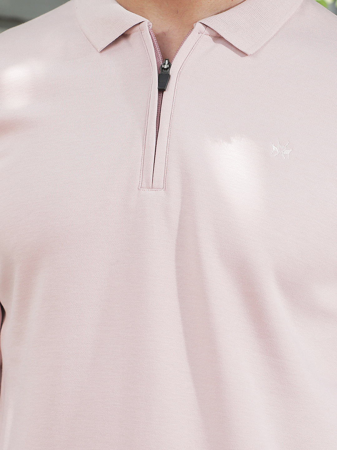 Pink Polo Neck Front Open Sweatshirt