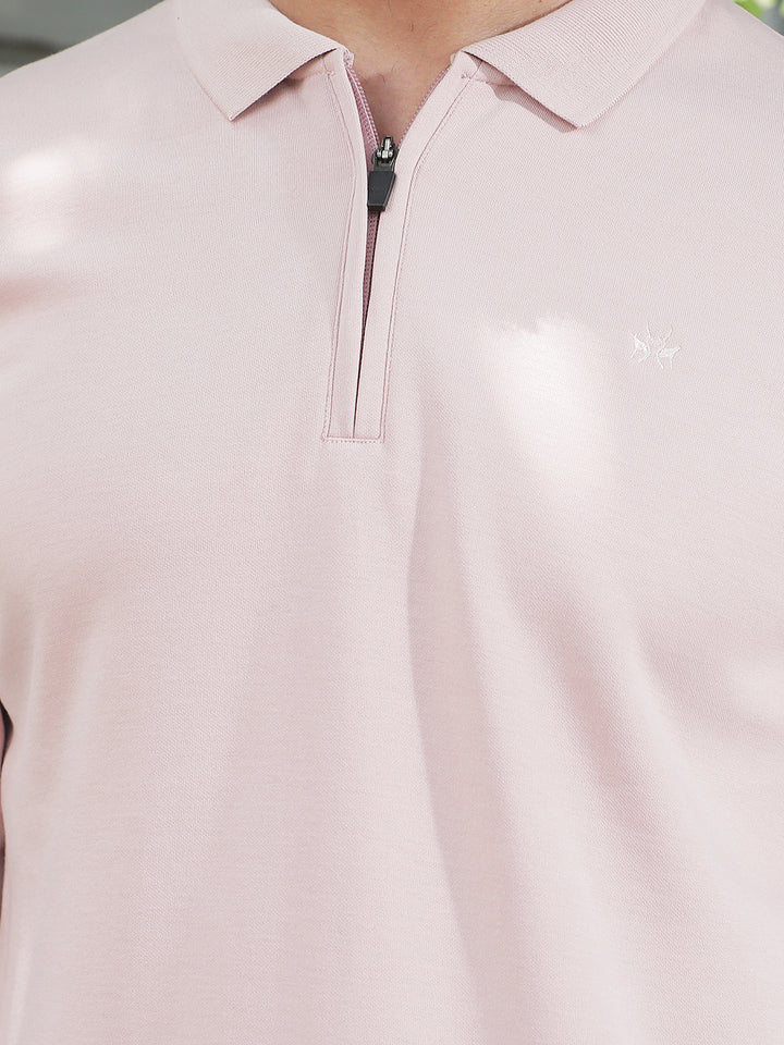 Pink Polo Neck Front Open Sweatshirt