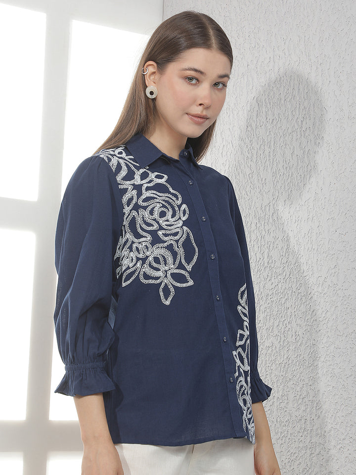Navy Blue Embroidered Shirt