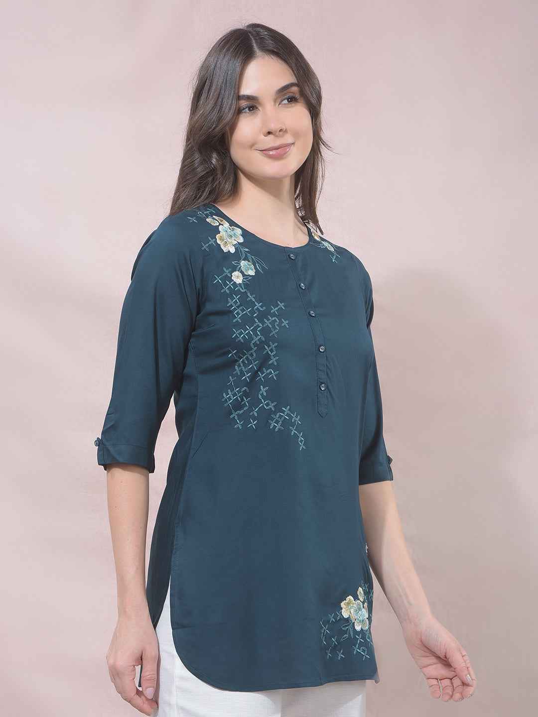 Green Floral Embroidered Top