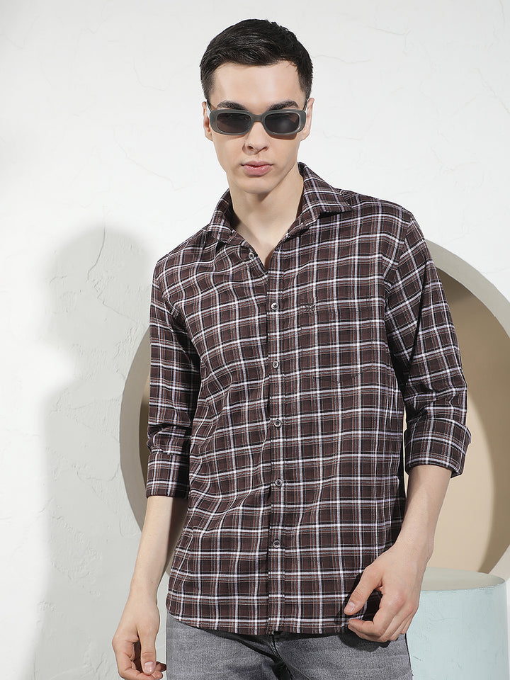 Brown 100% Cotton Checked Shirt