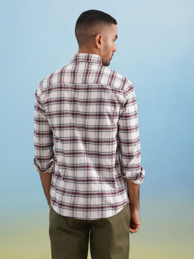 Maroon Checked 100% Cotton Button-Down Collar Shirt