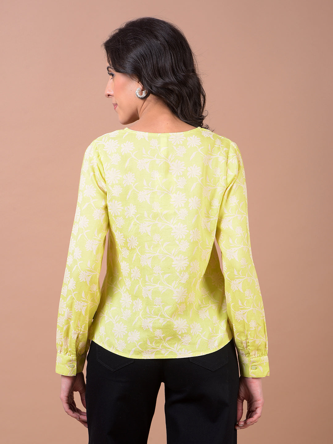 Green Floral Print Linen Top
